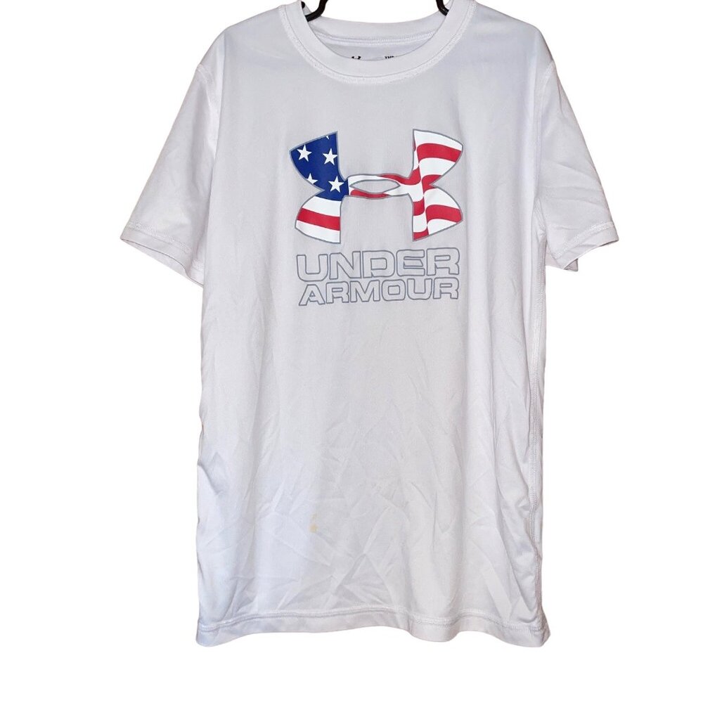 Under Armour Youth Loose Fit White T-Shirt American Flag Logo HeatGear UPF 40 M